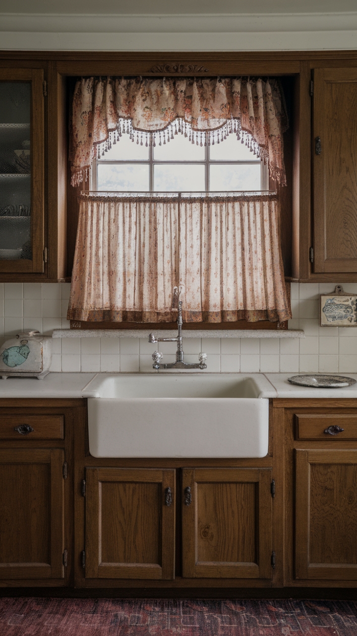Embrace the enchantment of yesteryear in this idyllic kitchen. A breathtaking antique floral curtain, draped elegantly over a decorative window, sets the stage for a space brimming with old-world charm. The worn wooden cabinets and vintage rug complete the picture-perfect nostalgic scene.