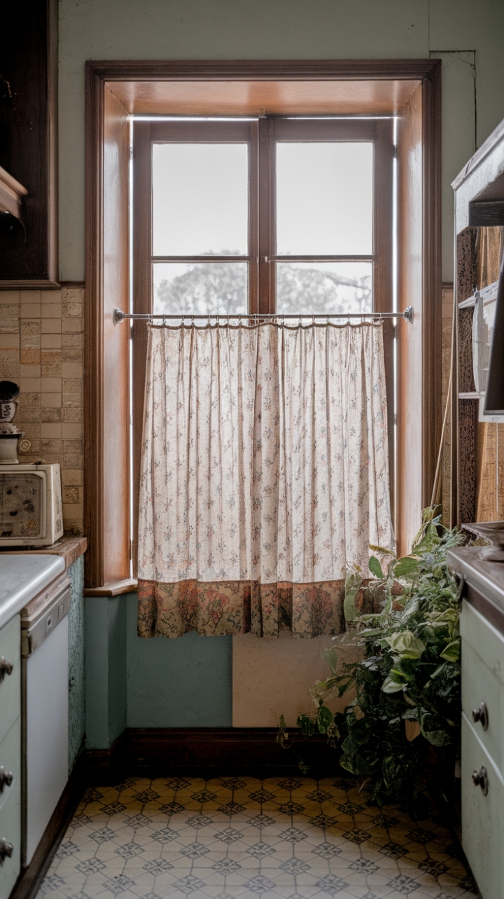 Embrace the shabby chic allure of this sun-drenched kitchen. A retro floral curtain, held back by a simple metal rod, frames a scene of delightful imperfection – aged surfaces, antique accents, and patterned tiles creating a space brimming with character and vintage charm.