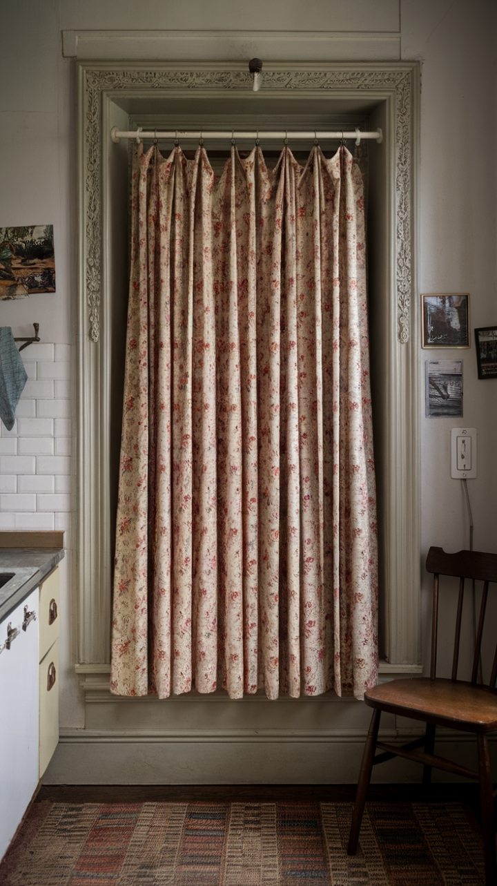 Step back in time with this charming vintage kitchen, where a faded floral curtain whispers tales of bygone eras. The worn fabric, delicate molding, and patterned rug create a haven of nostalgic comfort, perfect for a quiet morning coffee or a lively afternoon tea. A single wooden chair beckons you to linger and soak in the scene's timeless appeal.