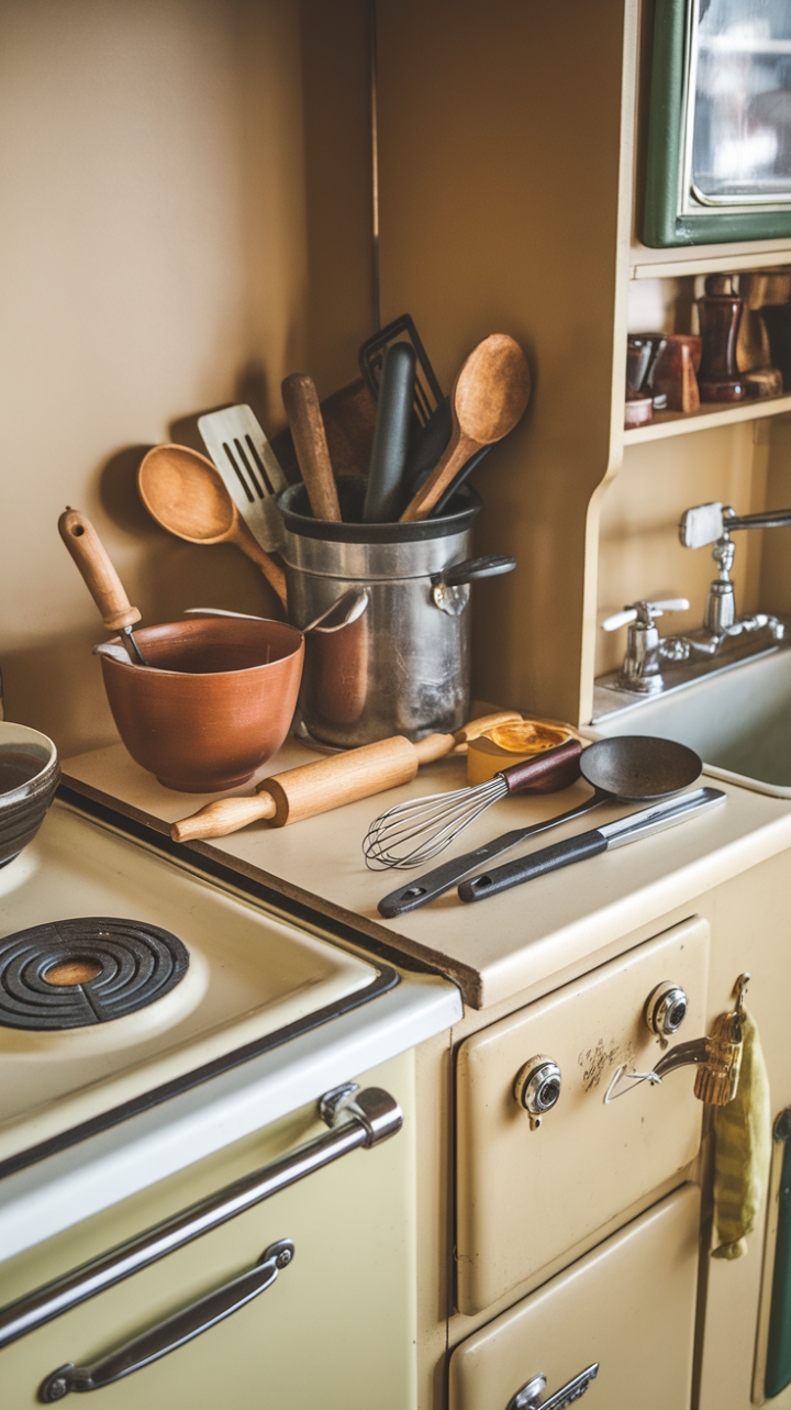 Ready to be transported to a simpler, more charming time? This vintage kitchen is a love letter to the heart of the home, where every whisk and wooden spoon tells a story. Imagine the aroma of freshly baked bread wafting from that classic stove, the gentle clinking of antique cutlery, and the satisfying feel of well-loved gadgets in your hand. The warm beige walls embrace the space, creating a cozy haven filled with character and timeless style. It's a kitchen designed for connection, for creating memories, and for the pure joy of cooking.