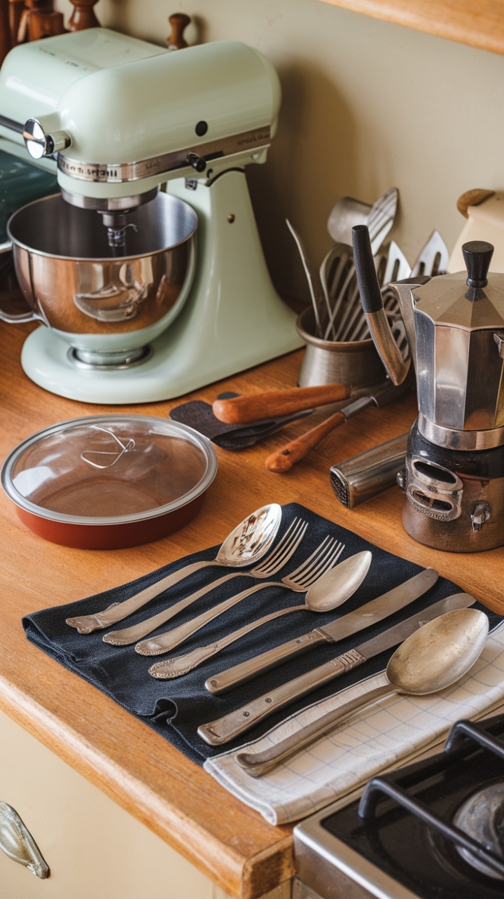 Embrace the charm of yesteryear in this exquisitely curated vintage kitchen. A symphony of retro mixers, antique cutlery, and old-fashioned kitchenware dances across the warm wooden countertop. Every piece tells a story, from the retro mixing bowl to the vintage coffee maker, creating a space that's both functional and breathtakingly beautiful. The soft beige walls provide the perfect neutral backdrop for this nostalgic masterpiece.