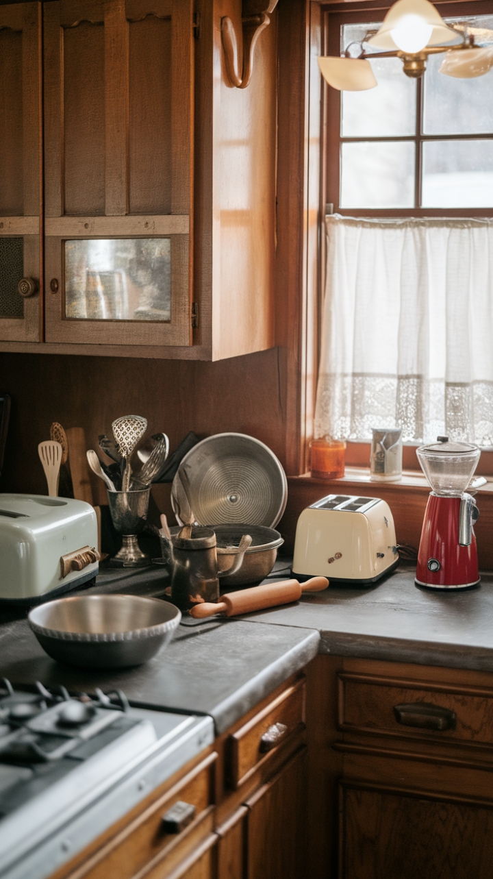 Ready for a little time travel? This kitchen is a love letter to eras past, where warm wooden cabinets meet the cool embrace of a stone countertop. Every surface tells a story, adorned with a curated collection of vintage treasures. A gleaming silverware set whispers of elegant dinners, while a cheerful retro mixing bowl awaits its next baking adventure. The well-worn rolling pin speaks of countless homemade pies, and the vintage toaster and retro coffee maker promise cozy mornings. Sunlight streams through the window, illuminating a scene that feels both nostalgic and utterly inviting. This is more than just a kitchen; it's a heart of the home, filled with character and charm.