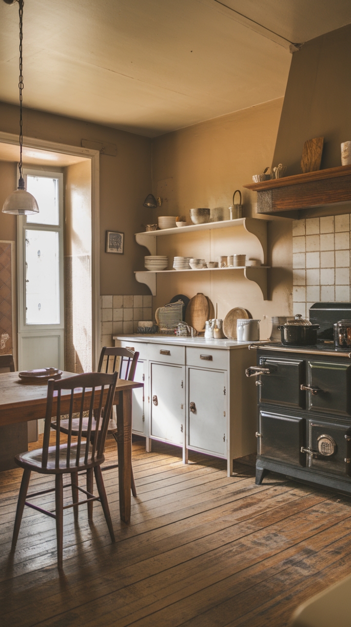 A charming vintage kitchen exudes warmth and nostalgia, where rustic farmhouse elements create an inviting atmosphere. The wooden table and chairs invite intimate gatherings, while the white cabinet showcases a curated collection of dishes, adding a touch of charm. The black stove with a few pots hints at cozy culinary moments, complemented by a wooden shelf displaying carefully chosen items. The warm beige walls and wooden plank flooring enhance the rustic appeal, illuminated by soft, inviting light streaming through a nearby window. This space captures the timeless beauty of country living with a cozy, lived-in feel.