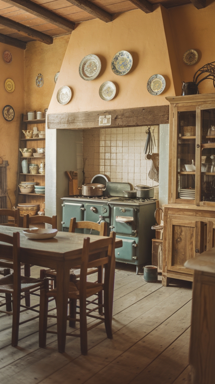 Step back in time with this rustic kitchen, where vintage charm meets culinary comfort. Golden sunlight streams through the window, illuminating a scene of worn wooden tables, antique cookware, and decorative plates that whisper tales of generations past. The air practically hums with the promise of delicious home-cooked meals.