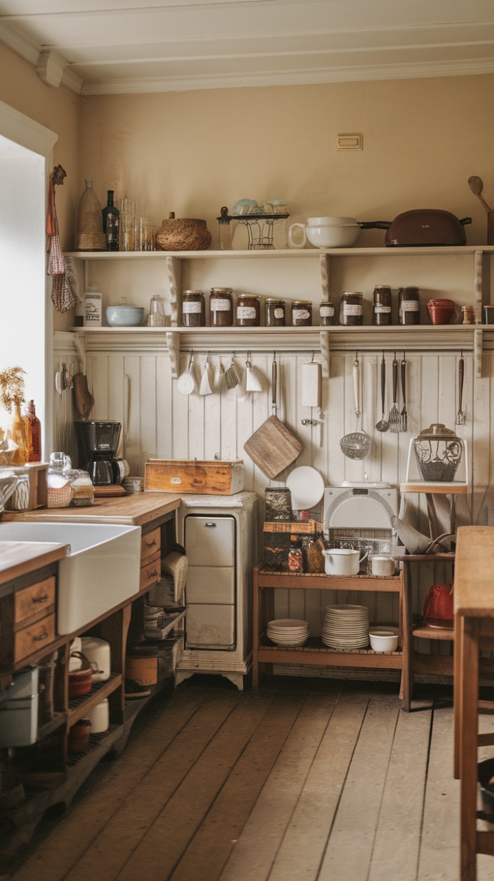 Escape to the countryside with this idyllic vintage farmhouse kitchen. Imagine yourself sipping coffee amidst the gentle glow of morning sunlight, surrounded by the comforting aroma of freshly baked bread. The rustic wooden furniture, vintage appliances, and charming details create a nostalgic atmosphere that's both timeless and utterly captivating. Every detail, from the carefully arranged preserves to the warm beige walls, speaks to a life lived simply and beautifully.
