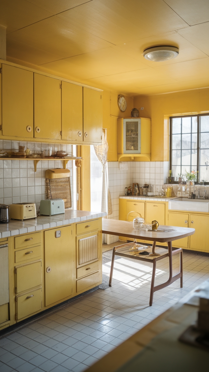 Embrace the joy of retro design in this vibrant yellow kitchen! Vintage details, from the cheerful cabinetry to the iconic toaster, perfectly complement the mid-century table, creating a space that's as functional as it is aesthetically pleasing. A burst of sunshine and happy memories in every corner.