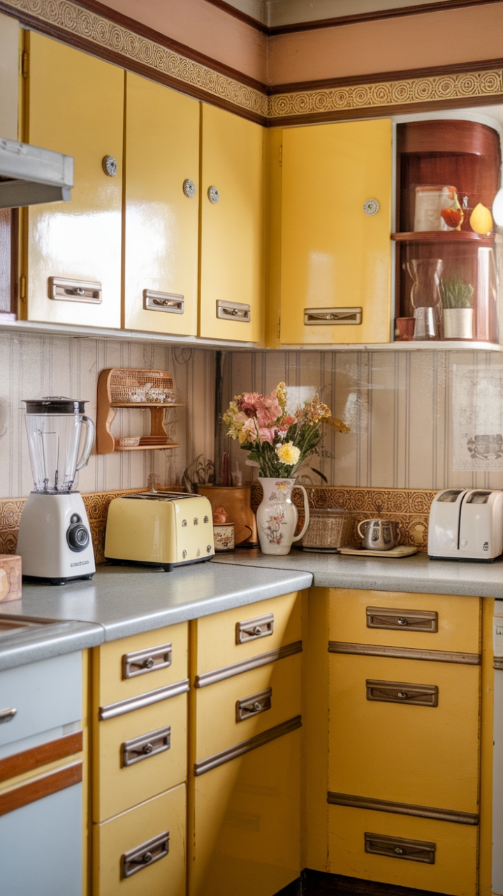 Embrace the joy of retro living in this dazzling yellow kitchen! A symphony of sunny hues, playful patterns, and iconic mid-century appliances combine to create a space that's as functional as it is fabulous. Imagine yourself whipping up culinary delights in this cheerful, nostalgic escape.