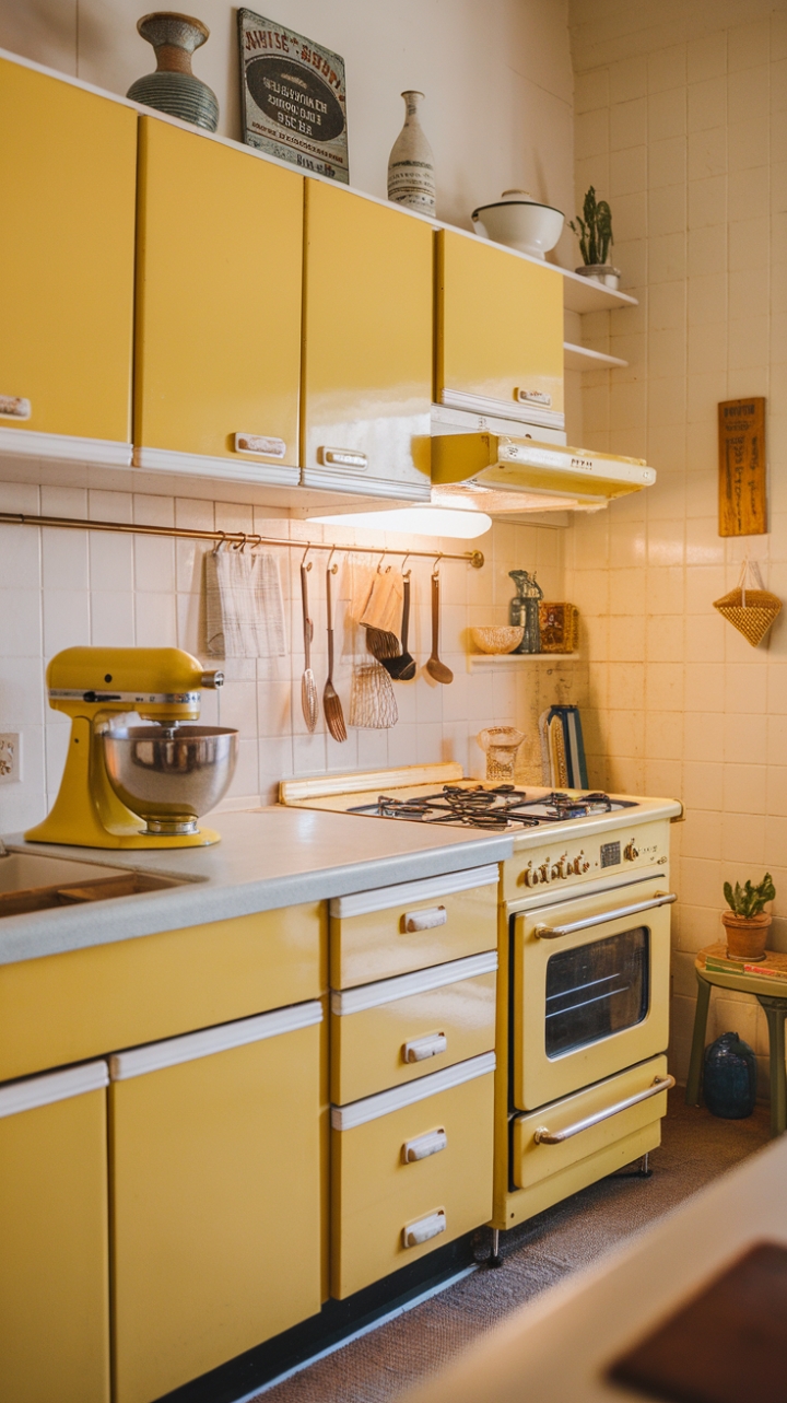 Imagine waking up to this: A burst of sunshine in the form of a flawlessly restored mid-century kitchen. The vibrant yellow hues, gleaming white surfaces, and perfectly curated accessories create a space that's as functional as it is breathtakingly beautiful. Prepare to be captivated by the retro elegance and undeniable warmth of this dream kitchen.