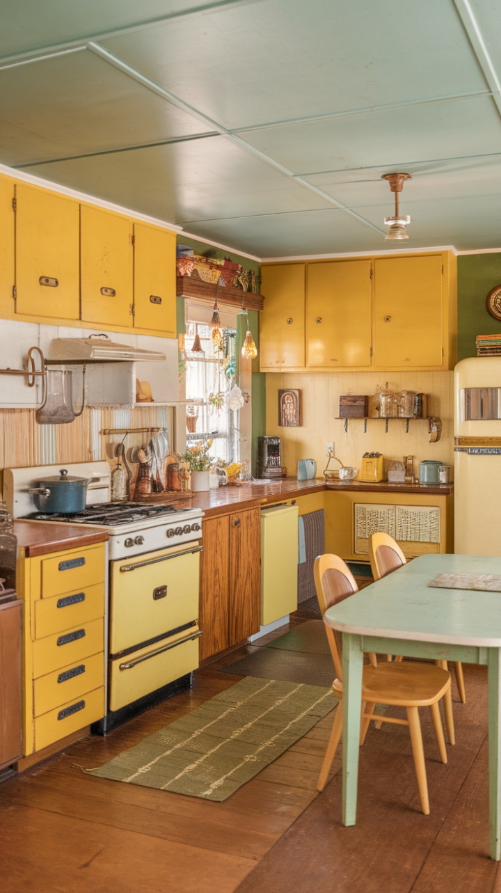 Imagine waking up to sunshine streaming into this cheerful mid-century kitchen! The vibrant yellow cabinets are a joyful focal point, complemented by rich wood countertops and floors. A curated collection of vintage kitchenalia adds personality and warmth, while the space remains surprisingly practical with its array of appliances. Pure kitchen bliss!