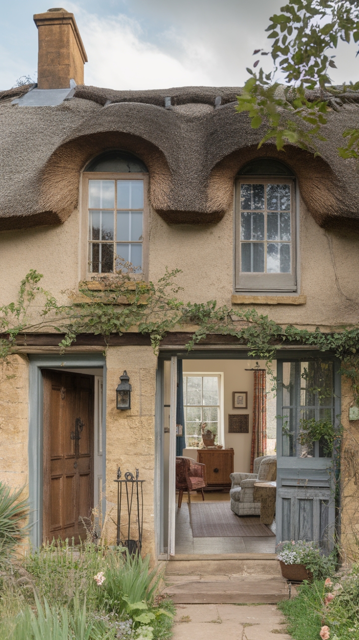 A quintessential English cottage exudes timeless charm with its thatched roof, weathered stone walls, and inviting wooden doors. Surrounded by a lush garden bursting with colorful blooms and verdant foliage, this rustic retreat beckons with warmth and character. Inside, shabby chic furnishings and vintage accents create a cozy, lived-in ambiance, while a crackling fireplace adds to the intimate allure—perfectly blending country comfort with romantic elegance.