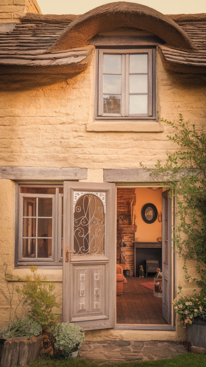 A charming vintage English cottage exudes rustic allure with its weathered stone façade and charming thatched roof, embodying timeless country elegance. The exterior’s intricate wooden window frames and decorative door hint at cherished period details, inviting a sense of history and warmth. Inside, a cozy haven unfolds with warm wooden floors, thoughtfully curated furniture, and a crackling fireplace that radiates comfort. Bathed in a golden glow, this idyllic garden retreat captures the essence of shabby chic charm and traditional craftsmanship, offering a perfect sanctuary of timeless appeal.