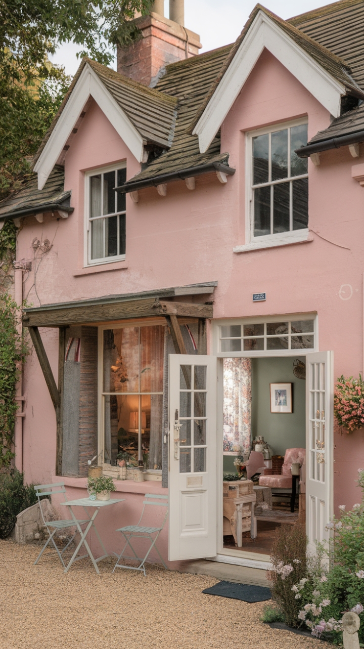 A charming vintage English cottage nestled within a lush garden exudes rustic allure and timeless appeal. Painted in a delicate soft pink with crisp white trim, its traditional architecture is accented by period details like a wooden beam framing the front door and petite windows that invite natural light. The shabby chic exterior hints at stories of bygone days, while the cozy interior blends vintage charm with modern comfort. A quaint table and chairs near the entrance create an inviting spot for morning coffee, set against a gravel pathway that enhances the cottage’s idyllic country ambiance. This enchanting retreat captures the perfect harmony of rustic elegance and heartfelt nostalgia.
