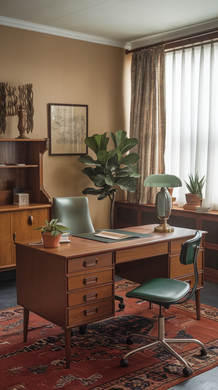 Ready to be transported to a bygone era of sophisticated study? This vintage-inspired haven is a masterclass in retro charm. A sturdy wooden desk, paired with a vibrant green chair, anchors the space, inviting hours of focused thought. Curated essentials – a classic lamp, a touch of greenery, and a well-loved book – speak to a life of quiet contemplation. A handsome wooden cabinet and a beautifully patterned vintage rug add layers of texture and history, while the warm beige walls and draped window create a cozy, inviting atmosphere. It's a nostalgic office escape that feels both timeless and utterly chic.