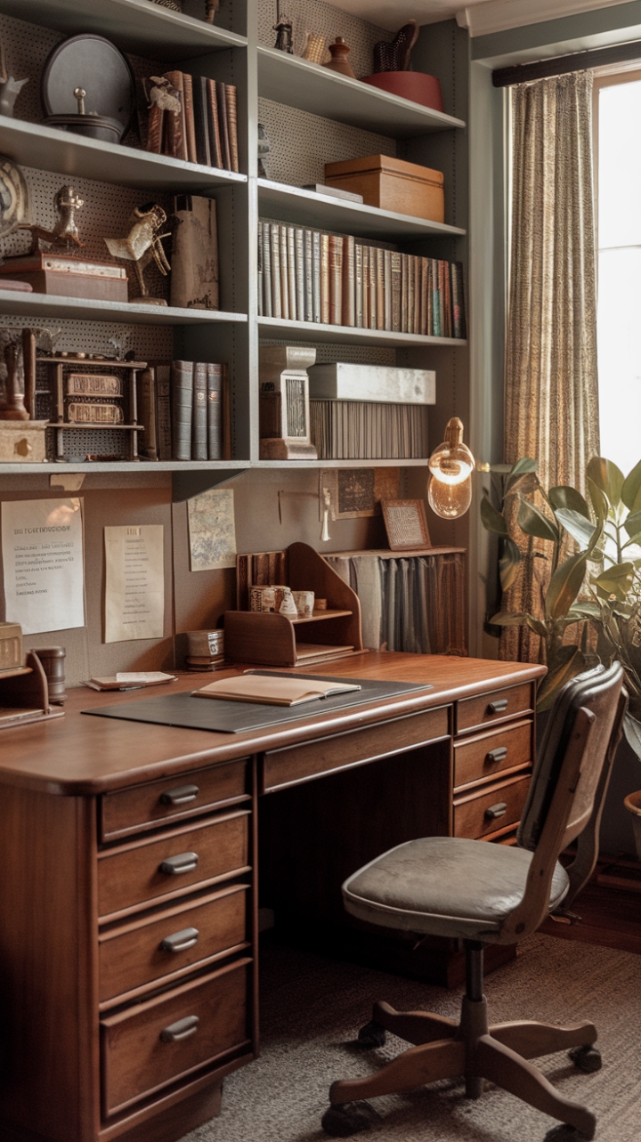 Step back in time with this vintage home office, where mid-century charm meets modern functionality. A rich wooden desk, overflowing bookshelf, and plush armchair create a space as inspiring as it is inviting. The perfect blend of nostalgia and practicality for the discerning professional.