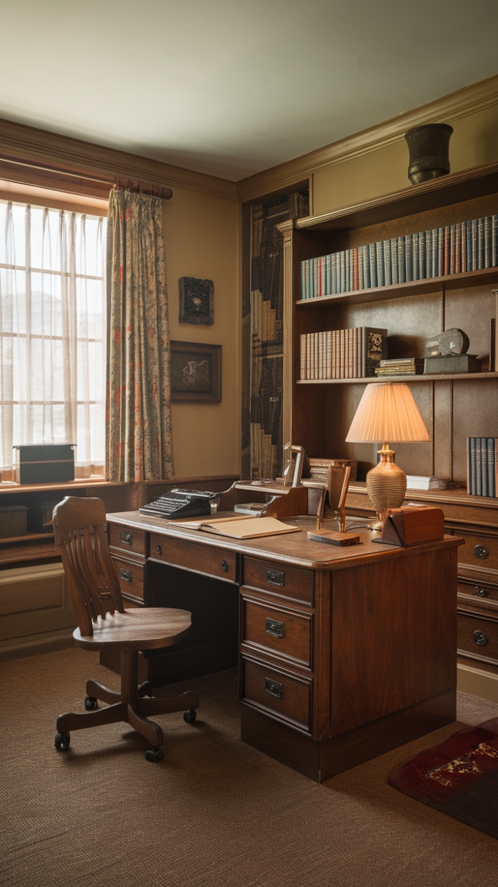 Ready to be transported? This vintage home office is a love letter to a bygone era. Imagine the scent of aged paper and polished wood as you settle into that classic chair. The sturdy desk, a testament to craftsmanship, is adorned with treasures: a lamp casting a warm glow, a typewriter ready to capture your thoughts, and a curated collection of books whispering stories. The bookcase, a silent guardian of knowledge, stands proudly against the warm beige walls. Sunlight filters through the window, softened by elegant curtains, illuminating the rich brown carpet underfoot. This is more than just a workspace; it's a sanctuary for creativity and contemplation, a nostalgic retreat designed for the modern romantic.