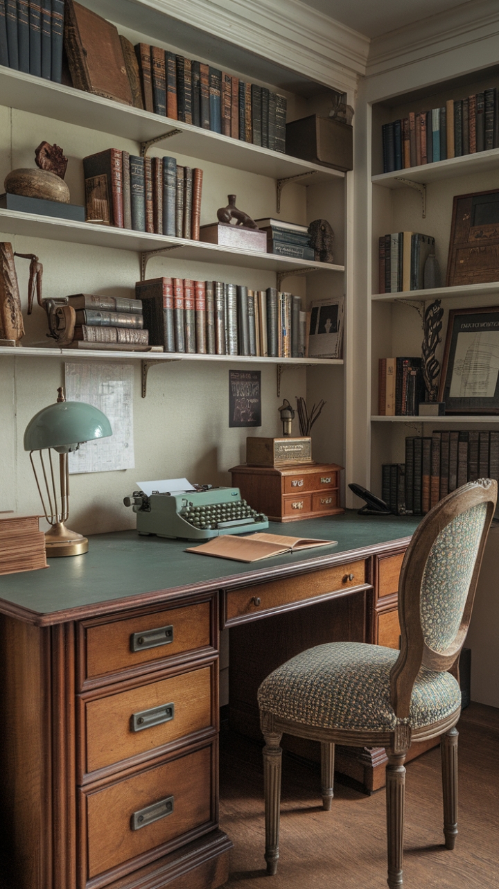 Ready to be transported back in time? This vintage home office is a masterclass in retro charm. A handsome wooden desk with a striking green top anchors the space, complete with all the essentials for a productive (and stylish) workday: a classic typewriter, a warm lamp, a rotary phone, and a stack of well-loved books. The walls are a bibliophile's dream, lined with shelves overflowing with literary treasures and intriguing decorative pieces. A vintage chair, its patterned fabric a delightful touch, invites you to settle in and get lost in your work – or simply soak in the nostalgic ambiance. This is more than just an office; it's a classic study designed for inspiration and timeless appeal.