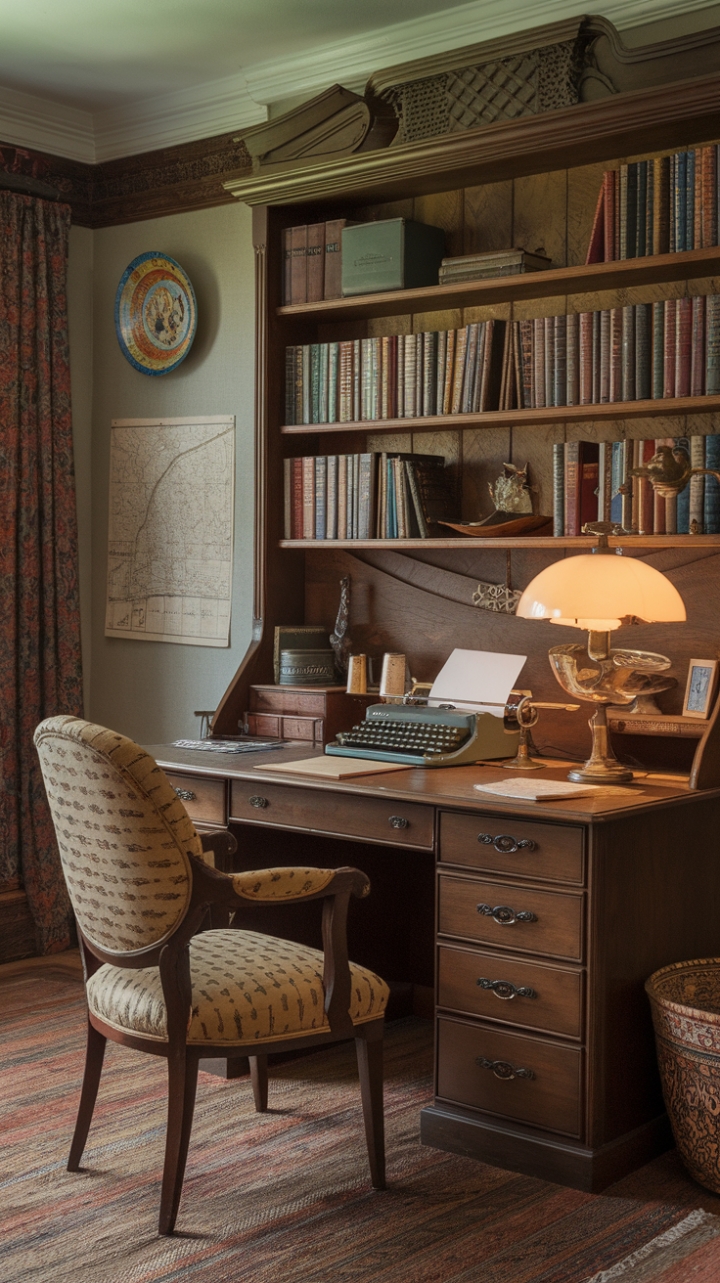 Ready to travel back in time? This vintage home office is a love letter to the past, where every object tells a story. Imagine the click-clack of the typewriter, the warm glow of the lamp casting shadows on well-loved books, and the comforting weight of history in the air. The rich wood of the desk, the charmingly patterned chair, and the curated collection of treasures on the walls – from the sprawling map to the delicate decorative plate – create a space that feels both personal and timeless. It's a cozy corner designed for contemplation, creativity, and a healthy dose of old-world charm.