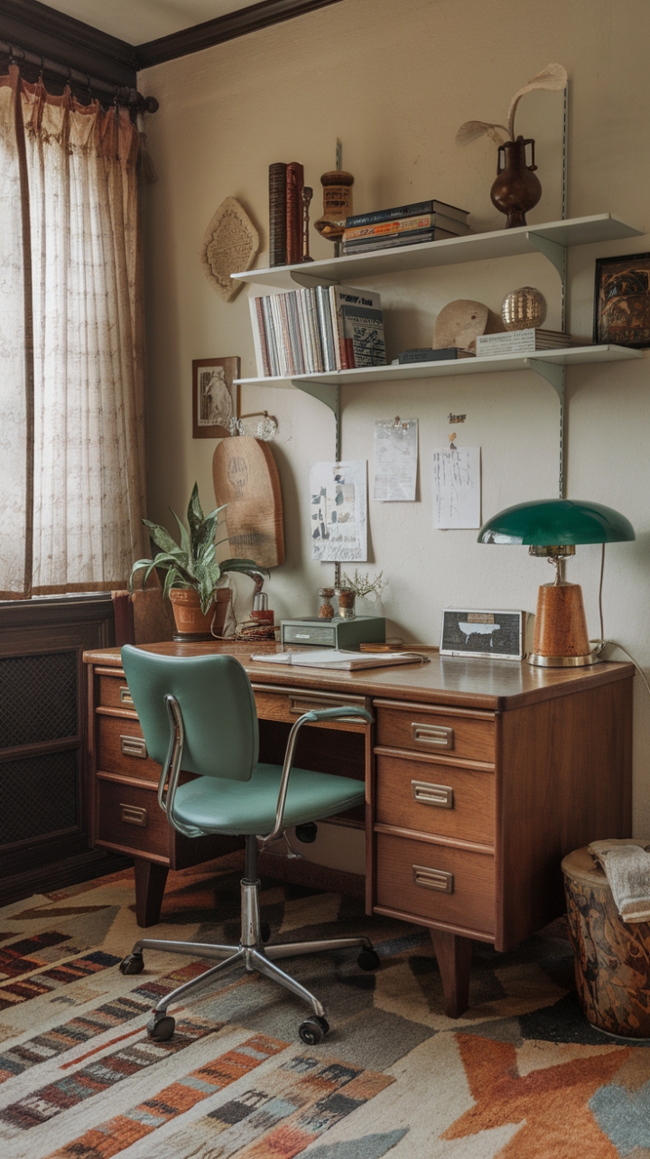 Ready for a workspace that feels like a warm embrace? This vintage home office is a delightful journey back in time, where a classic wooden desk and a charming green chair invite you to settle in. The desk is a curated collection of treasures – a stylish lamp casting a warm glow, a touch of greenery bringing life, and decorative pieces that tell a story. Behind it, a shelf brimming with books and intriguing objects adds layers of personality. Below, a patterned rug anchors the space with a touch of playful charm. And through the vintage window, framed by a soft curtain, the world outside feels just a little more enchanting. This is a space designed for inspiration, comfort, and a touch of timeless style.