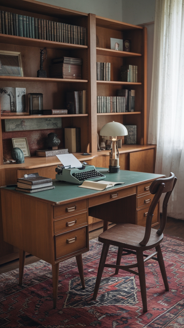 Ready for a trip back in time? This vintage home office is a love letter to a bygone era. Imagine the click-clack of the typewriter keys, the scent of old paper, and the quiet hum of creativity flowing. The classic wooden desk with its striking green top is the perfect anchor for a workspace steeped in history. A well-loved vintage chair invites you to settle in, surrounded by the tools of a writer's trade – a trusty typewriter, a warm lamp casting a gentle glow, and an inkwell ready for inspiration. Behind it all, a wooden bookshelf stands guard, a curated collection of stories and treasures. The vintage rug underfoot adds a layer of warmth and character, while the window with its simple white curtain offers a glimpse of the world outside, a gentle reminder of the passage of time. This is more than just an office; it's a sanctuary for thought, a haven for the written word, and a beautiful testament to the enduring charm of vintage design.