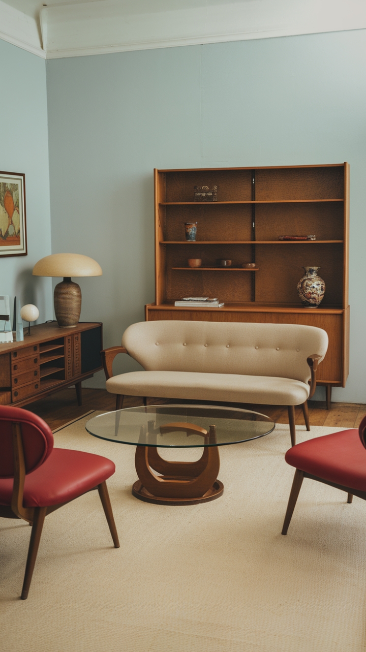 Ready to be transported to a time of effortless cool? This mid-century haven is a masterclass in retro charm. Sink into the inviting beige sofa, its clean lines and wooden legs a testament to timeless design. Flanking it, two vibrant red chairs with their graceful curves add a playful pop of color and personality. A sleek glass coffee table with a sculptural circular base anchors the space, reflecting the light and the room's airy feel. Beneath it, a plush beige rug adds warmth and texture, while a multi-shelved wooden cabinet provides both storage and a display for curated treasures. The calming light blue walls create a serene backdrop, allowing the iconic furniture and carefully chosen decorative pieces – like the chic lamp with its round base and the charming floral ceramic vase – to truly shine. This is a space that feels both curated and lived-in, a perfect blend of vintage style and modern comfort.