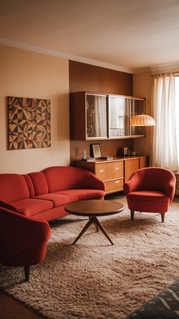 Dive into a world of retro chic! This living room is a masterclass in vintage style, showcasing a stunning red sofa as the focal point against a backdrop of geometric art. The carefully curated details—a shag rug, tripod coffee table, and a warm, inviting color palette—create a space that's both effortlessly cool and undeniably cozy. Prepare to be transported to a golden age of design.
