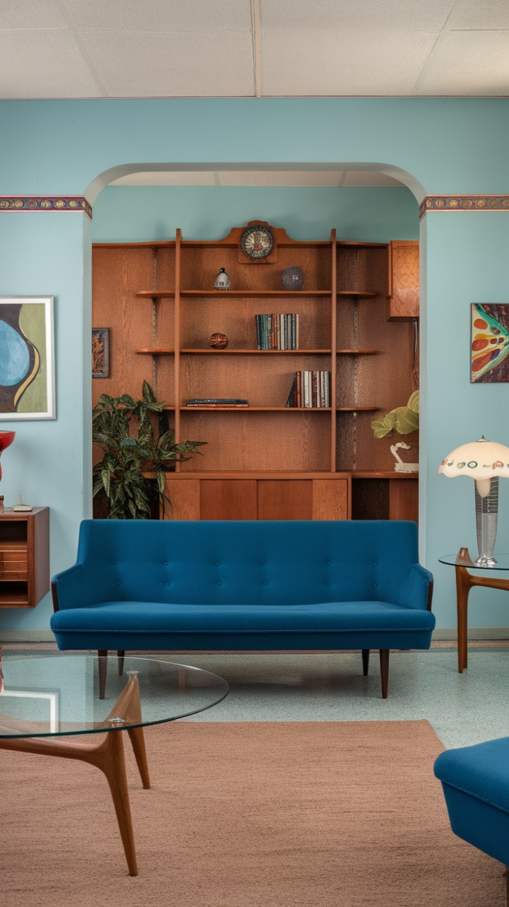 Ready for a blast from the past? This room is a love letter to the Atomic Age, where cool blues meet warm woods in perfect harmony. A sleek blue sofa with those iconic wooden legs invites you to sink in, while a glass-topped table adds a touch of airy modernism. Beyond, a curated bookshelf displays treasures and reads, anchored by a vibrant green plant. Light blue walls and a soft brown rug create a serene backdrop for carefully chosen decorative pieces – a stylish lamp, a sculptural vase, and a captivating painting – all whispering tales of a bygone era. This is mid-century magic, pure and simple.