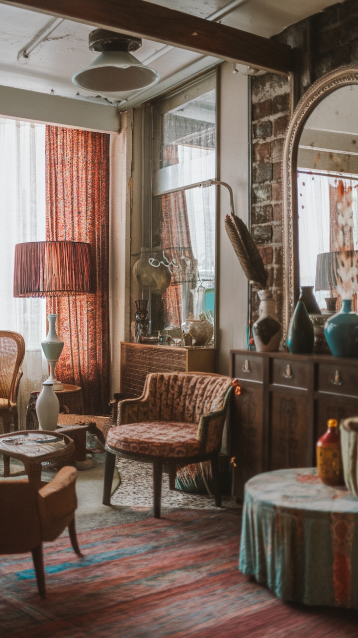 Ready to step into a space that tells a story? This room is a love letter to the past, a vibrant tapestry woven with bohemian spirit and vintage charm. Antique treasures mingle with rich textures, creating an eclectic haven that feels both curated and completely lived-in. From the charming lampshade casting a warm glow to the unique vase holding blooms and the ornate mirror reflecting it all, every element adds a layer of personality to this retro-chic retreat.