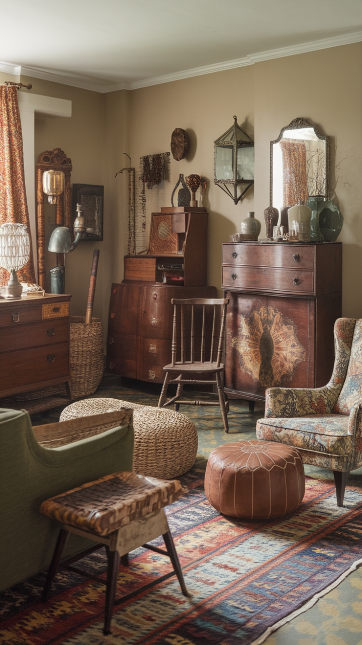 A captivating vintage-inspired sanctuary, this bohemian retreat exudes charm and character. The warm beige walls serve as a perfect backdrop for an eclectic mix of antique furniture, including a charming wooden dresser, a cozy leather stool, and an inviting patterned armchair. Rich textures come alive through a vibrant patterned rug, a woven basket, and tactile accessories like a vintage lantern and a delicate vase. The retro green sofa adds a splash of color, while a classic mirror completes the nostalgic ambiance. Every detail invites a sense of timeless elegance blended with bohemian flair, creating a space that feels both curated and comfortably lived-in.