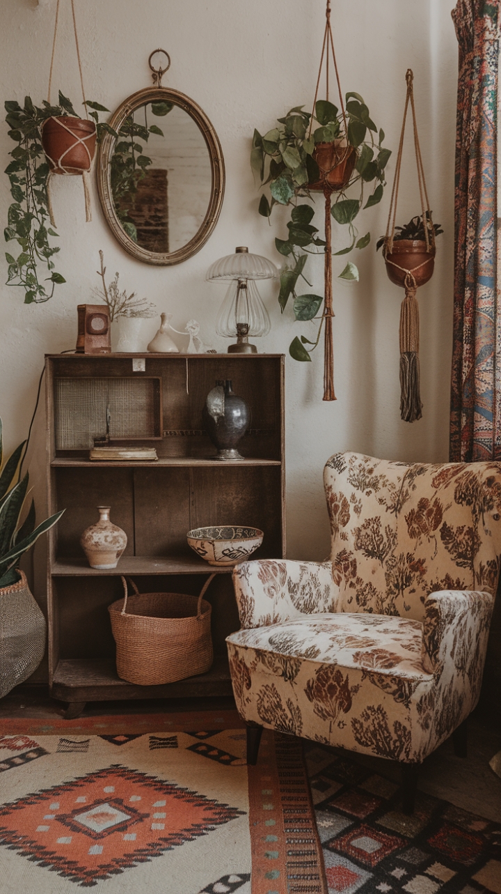 Ready to step into a space that tells a story? This room is a vibrant tapestry of vintage finds and bohemian flair. A retro floral armchair beckons you to sink in, nestled beside a charming wooden shelf overflowing with treasures – a classic lamp casting a warm glow, a unique vase holding secrets, and a woven basket adding a touch of texture. Below, a geometric rug anchors the space with its bold pattern. Look up, and you'll find life blooming from hanging plants and a vintage mirror reflecting the room's rich character. The interplay of wood, textiles, and greenery creates a wonderfully layered and inviting atmosphere. It's a celebration of the past, curated with a modern eye.