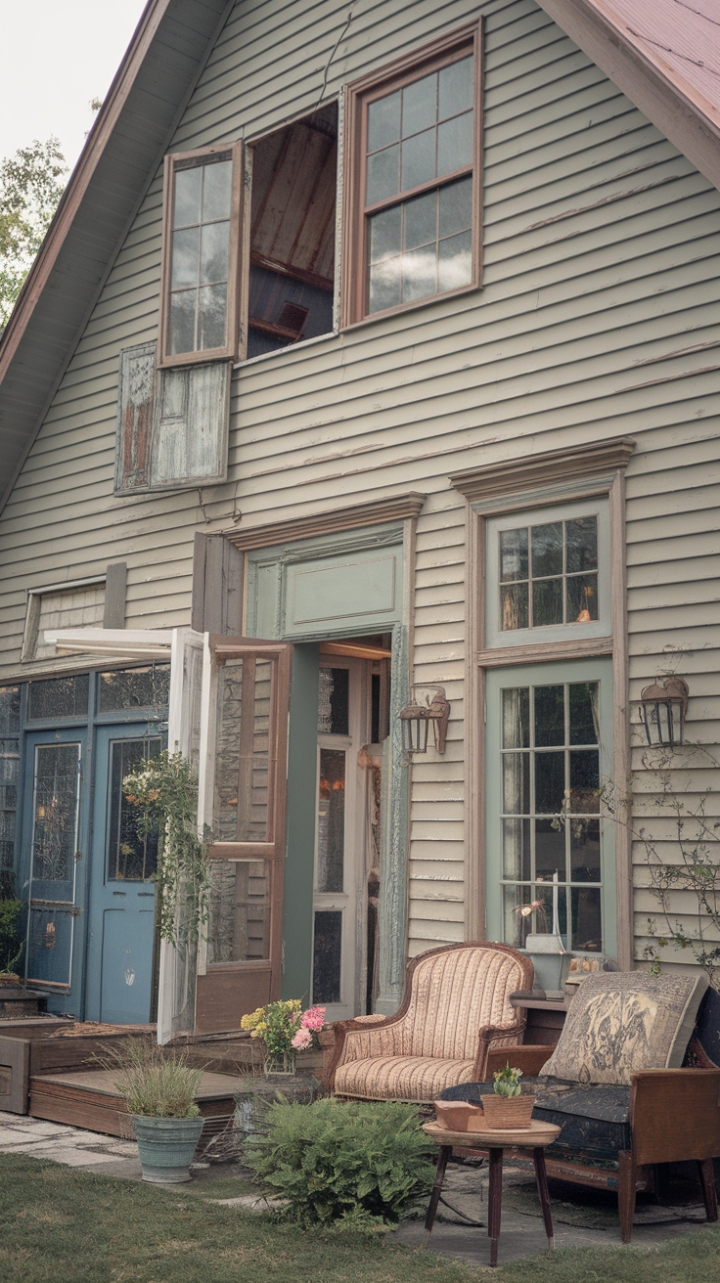 Escape to the countryside with this captivating vintage farmhouse. Distressed textures and antique accents create a captivating shabby-chic aesthetic, while the muted exterior and charming details promise a haven of peace and tranquility. Imagine cozy evenings spent within these rustic walls, surrounded by the warmth of vintage furniture and the gentle sway of nearby plants.