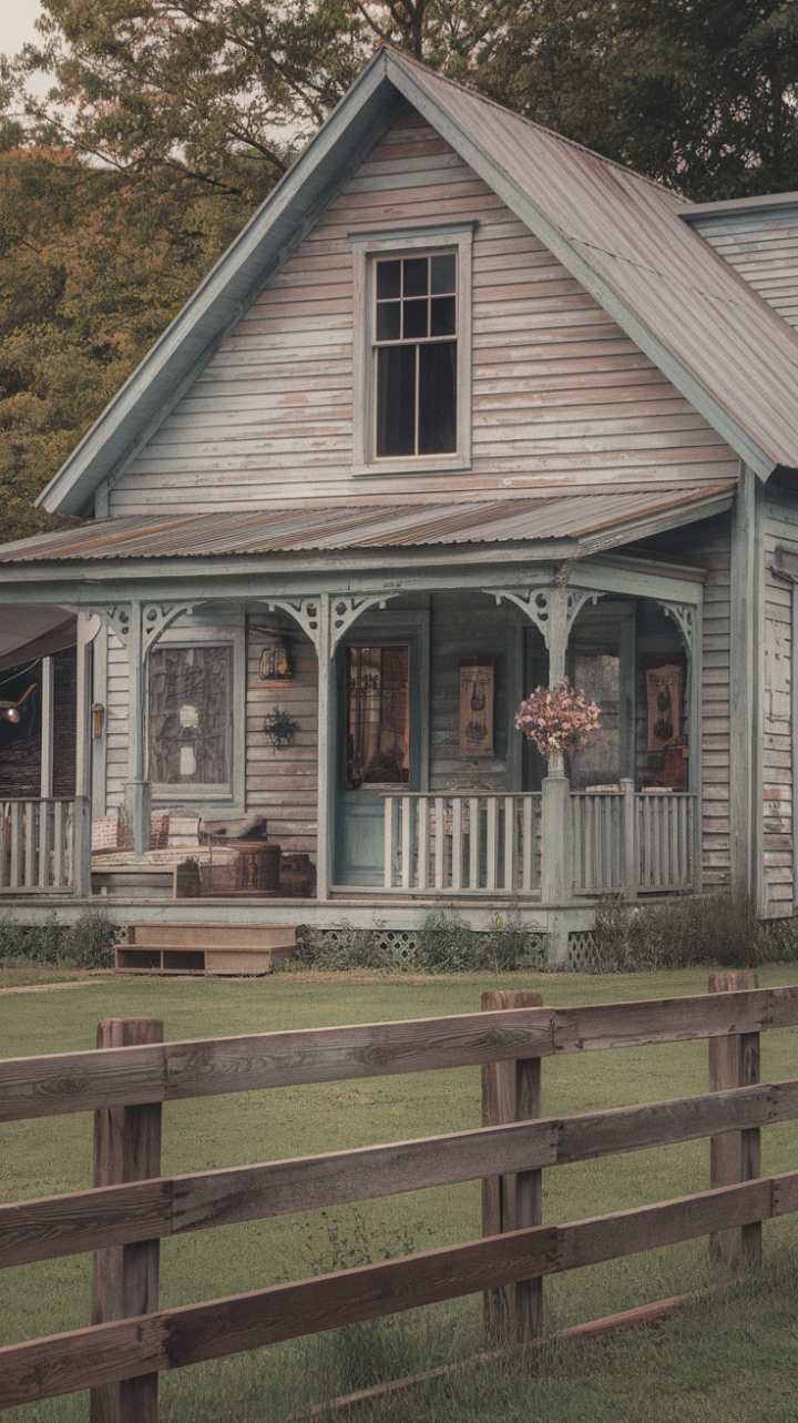 Ready for a dose of pure, unadulterated charm? This isn't just a farmhouse, it's a story waiting to unfold. Imagine sun-drenched mornings and evenings bathed in golden light, all within the embrace of this beautifully weathered haven. Every distressed detail, every antique find, whispers tales of a life lived simply and beautifully. Surrounded by a sea of green and framed by a classic wooden fence, this rustic retreat is a true escape, a place where time slows down and the beauty of the past is celebrated in every corner.