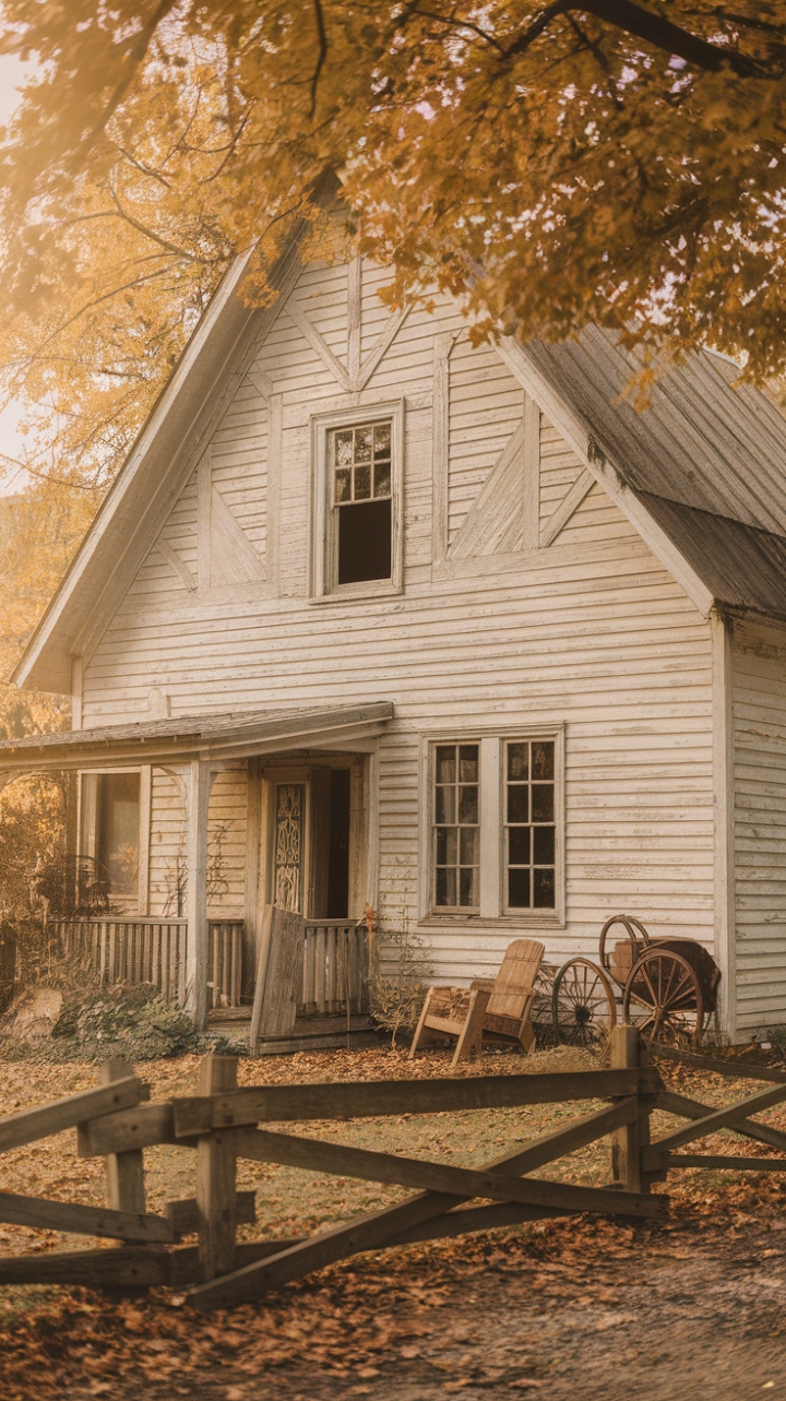 A charming farmhouse exudes timeless appeal with its weathered beige exterior accented by exposed wood beams, evoking a nostalgic vintage charm. Surrounded by a rustic wooden fence, the scene is bathed in a warm, golden glow that highlights the distressed finishes and antique details. Vintage furniture, including a classic wooden chair and a charming wagon, adds layers of character and history, while fallen leaves blanket the ground, enhancing the cozy, autumnal ambiance. This idyllic retreat captures the essence of shabby chic elegance fused with rustic farmhouse warmth, inviting a sense of nostalgic comfort and timeless style.