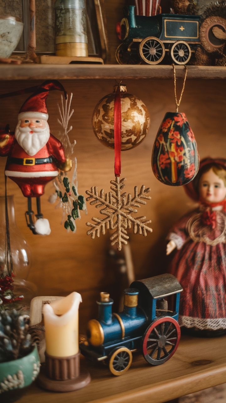 A charming vintage ornaments collection radiates nostalgic warmth against a rustic wooden shelf, capturing the timeless magic of the holiday season. Retro Santa Claus and classic snowflake decorations evoke childhood wonder, while a vintage train adds a whimsical touch of bygone days. Antique trinkets like an old-fashioned candle holder and a delicate heirloom doll enhance the scene’s nostalgic allure, all bathed in a golden glow that invites cozy, festive memories.