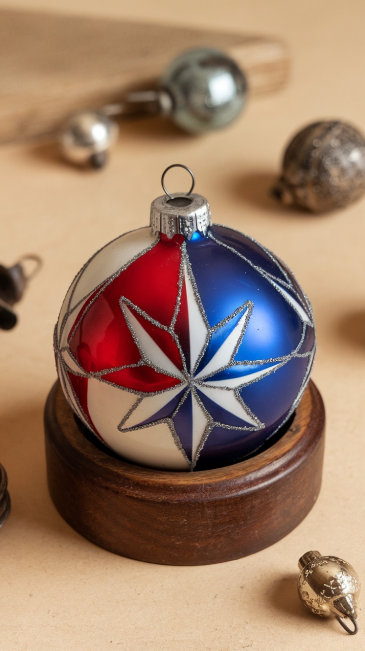 Remember that feeling of unwrapping a cherished holiday treasure? This vintage glass ornament, with its patriotic red, white, and blue starburst, evokes that exact magic. Perched on a warm wooden base, it's a little piece of history, a whisper of holidays past, nestled amongst other beloved vintage finds. A true gem that brings a touch of nostalgic charm to any display.