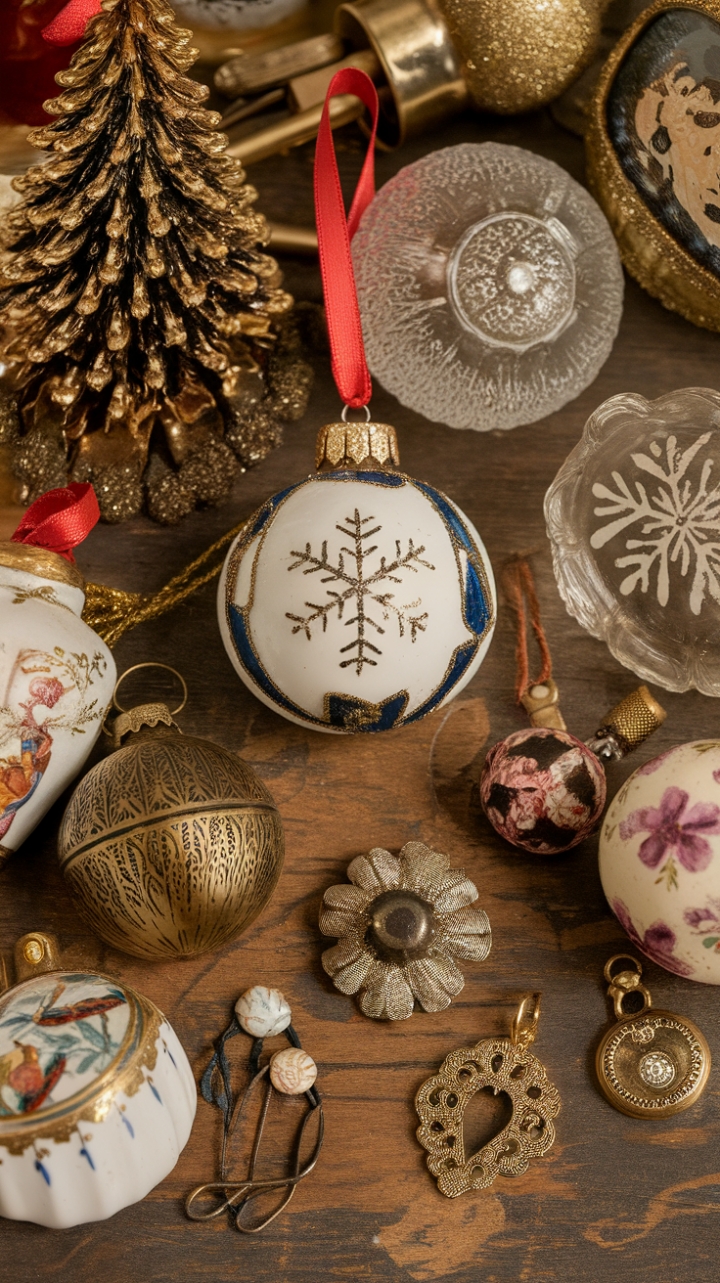 Unearth a trove of timeless treasures! This curated collection of vintage ornaments and antique decorations whispers tales of bygone eras. Each piece, from the gold-plated Christmas tree ornament adorned with a scarlet ribbon to the delicate porcelain sphere, holds a unique story, promising a touch of nostalgic elegance to your holiday décor or cherished vignette. The subtle scratches on the aged wooden surface only enhance their antique charm.