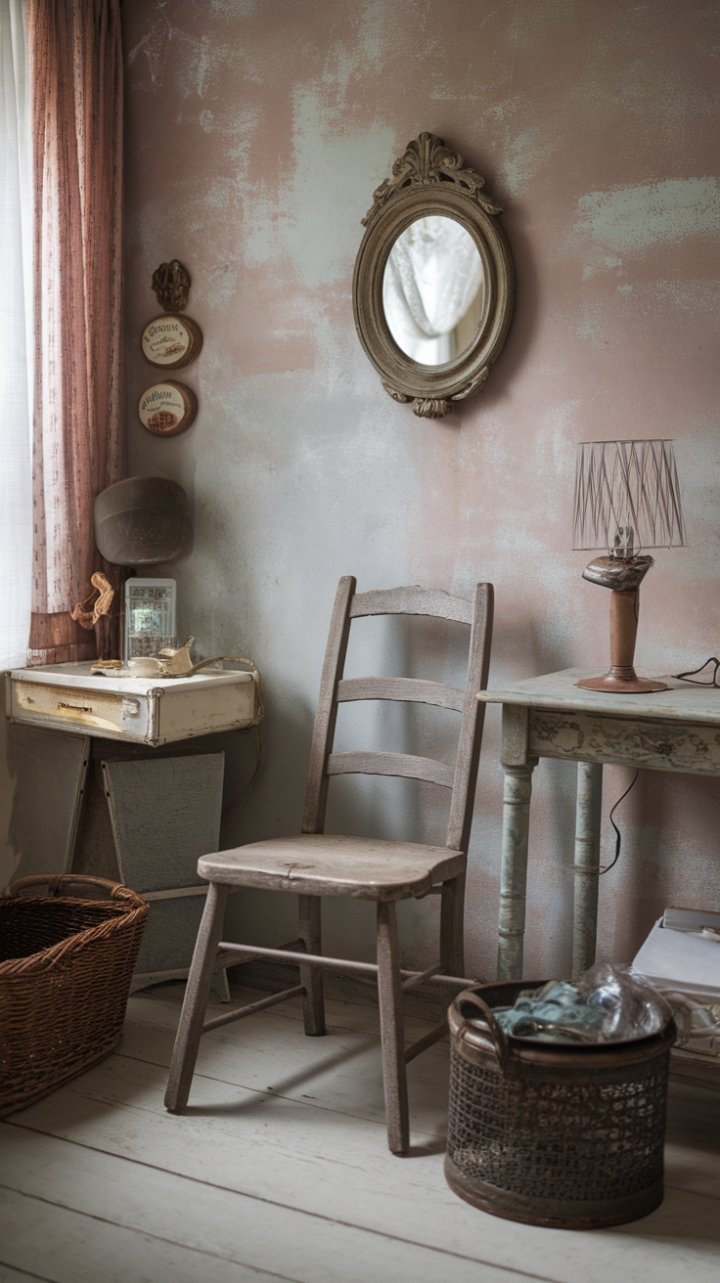 Embrace the captivating allure of shabby chic with this vintage-inspired room. A weathered wall provides the perfect backdrop for a distressed wooden chair and antique table, adorned with a vintage lamp that casts a soft, inviting glow. A rustic mirror and charming vintage basket add to the room's captivating character, creating a space that effortlessly blends cottage charm with retro elegance.