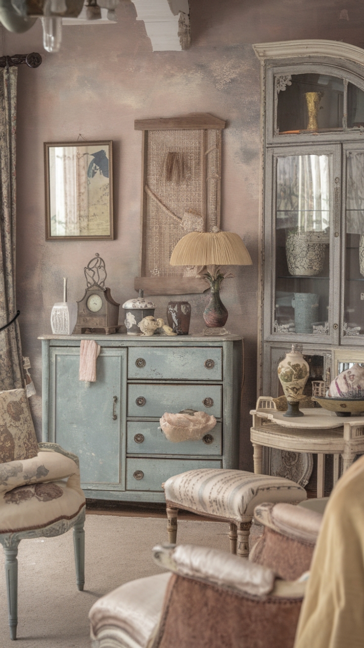 A charming sanctuary of shabby chic elegance, this vintage-inspired room exudes rustic allure with its weathered finishes and antique accents. Distressed furniture pairs beautifully with softly worn walls, creating a cozy, nostalgic ambiance. Vintage accessories—a delicate lamp, an ornate clock, and a charming vase—add layers of retro charm, transforming the space into a haven of shabby elegance and cottage-inspired comfort.