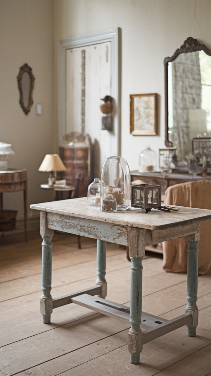 Ready for a dose of romantic nostalgia? This charming vignette whispers tales of sun-drenched afternoons and treasured heirlooms. A beautifully distressed wooden table, its surface bearing the patina of time, anchors the space with rustic grace. Vintage accessories, each with a story to tell, are thoughtfully placed, adding layers of character. The light-filled walls and warm wooden floors create a serene backdrop for antique finds – a captivating mirror reflecting the room's gentle beauty and a lamp casting a soft, inviting glow. It's a cottagecore dream brought to life, a space that feels both lived-in and utterly enchanting.