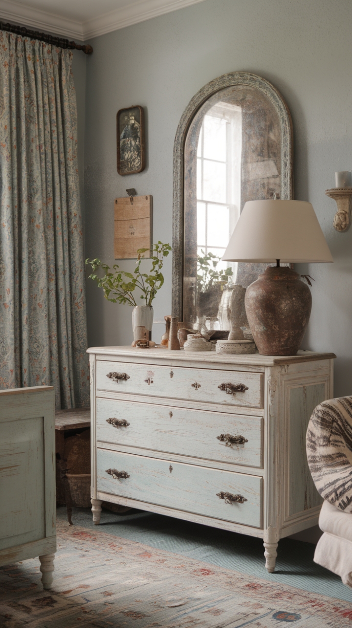 Escape to a world of vintage allure in this exquisitely styled shabby chic bedroom. Distressed furniture, a weathered white dresser, and an antique mirror create a captivating tableau against the calming blue walls. Rustic details and a patterned rug complete the charming cottage feel, inviting you to relax and unwind in a space brimming with character and history.