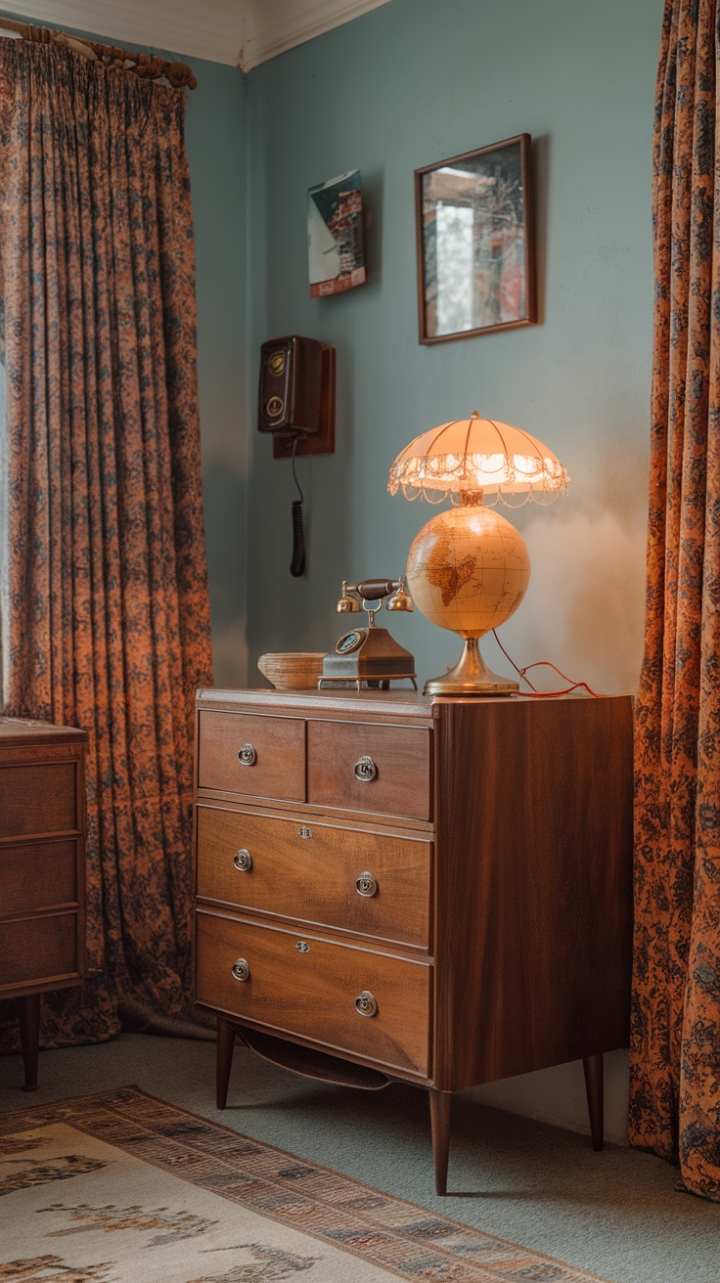 Step back in time with this charming vintage haven, where a powder-blue palette sets the stage for a delightful collection of retro treasures. A globe-lamp casts a warm glow on a richly-toned wooden dresser, while a vintage rotary phone whispers tales of bygone eras. The patterned rug anchors the space, adding a playful touch to this perfectly curated nostalgic escape.