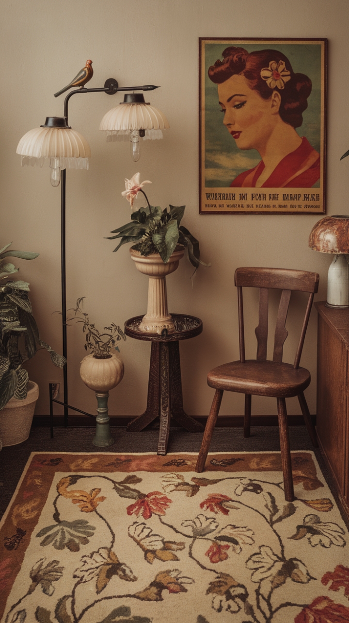 Embrace the eclectic spirit of retro design in this captivating space. A vintage bird lamp, a floral rug, and a captivating poster create a playful atmosphere, while antique furniture pieces add a touch of timeless elegance. This room is a testament to the enduring appeal of vintage style, showcasing a unique blend of nostalgia and modern charm.