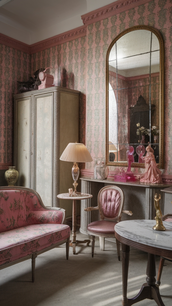 Prepare to be transported to a bygone era of playful sophistication! This boudoir bursts with vintage kitsch, from the blossoming pink floral sofa to the eye-catching patterned wallpaper. Antique furniture, a glamorous gold mirror, and a collection of charming vintage finds create a space that's both delightfully nostalgic and undeniably stylish. A symphony of pink, green, and gold, this room is a testament to the enduring allure of retro design.