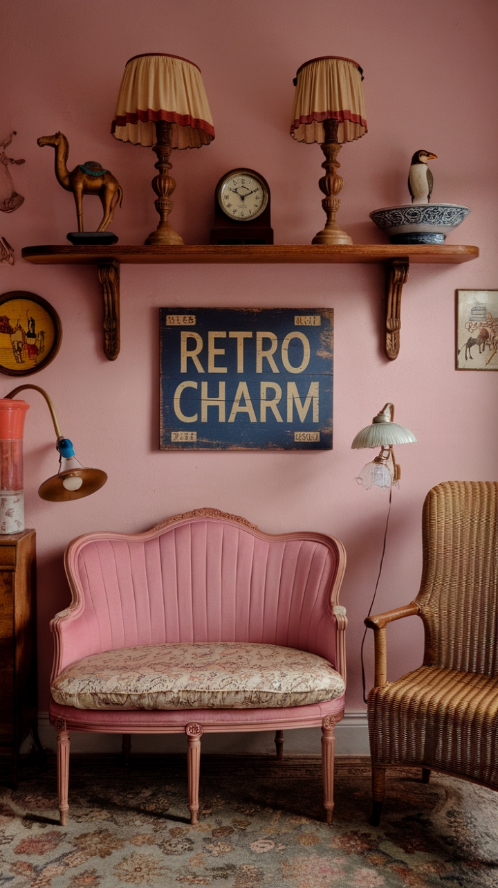 Dive into a world of retro romance! This kitsch-chic boudoir boasts a dreamy pink palette, anchored by a delightful pink loveseat and complemented by a woven wicker chair. Antique lamps, a vintage clock, and a collection of charming oddities create a captivating display, while the soft pink walls and patterned rug complete this utterly enchanting and undeniably stylish space.