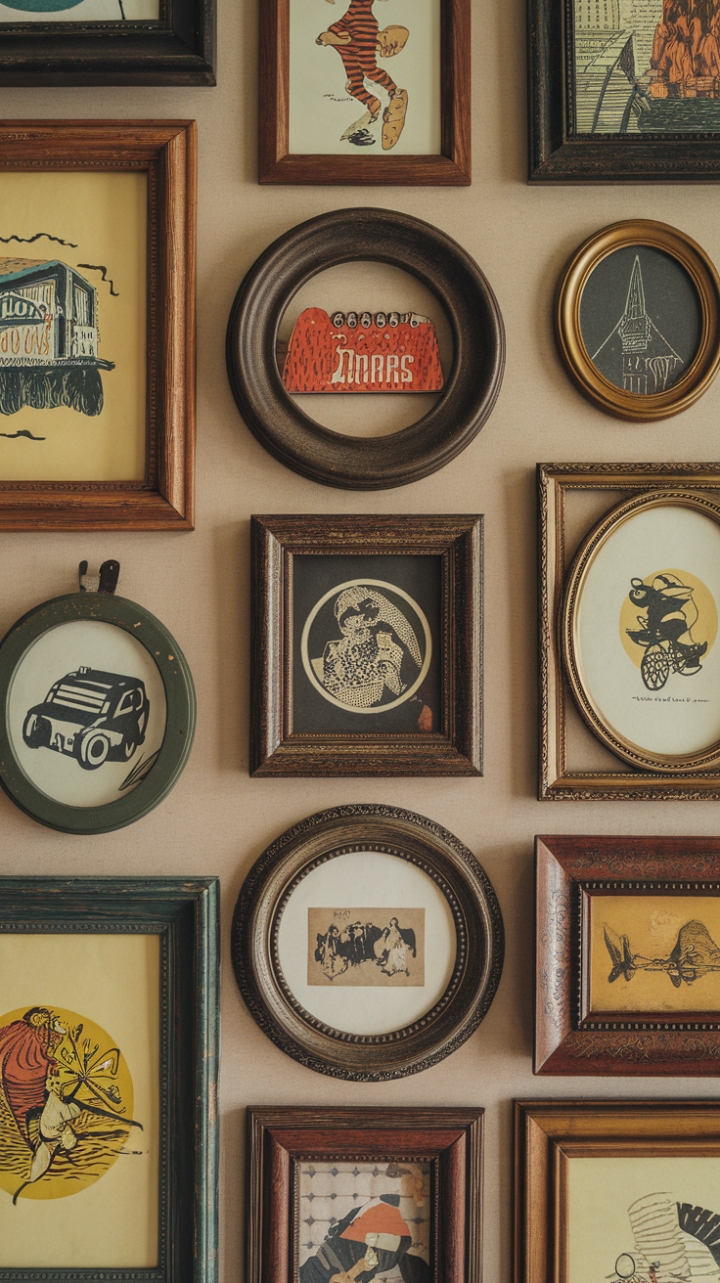 A captivating vintage gallery wall showcases an eclectic mix of antique frames and retro art, creating a nostalgic tapestry of timeless charm. The varied shapes, sizes, and colors of the frames add visual interest and personality, while the beige backdrop provides a warm, understated canvas that highlights each unique piece. This curated collection invites a sense of history and personality, transforming any space into a nostalgic haven filled with character and stories.