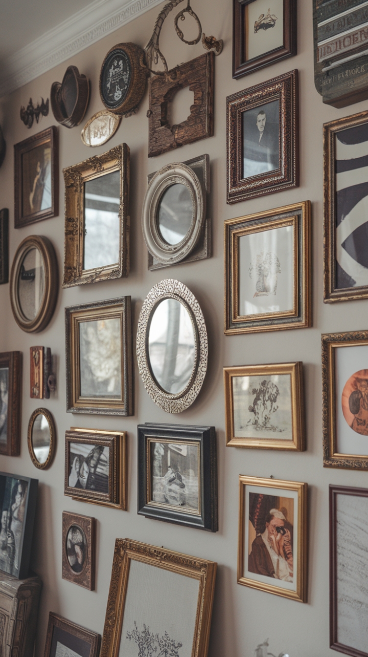 Unleash your inner curator with this breathtaking vintage gallery wall! A masterful mix of ornate gold, rustic wood, and simple black frames showcases a captivating array of antique and retro art. From cherished photographs to evocative paintings, each piece adds to the rich tapestry of memories and styles. This classic aesthetic, bathed in soft light, is the epitome of sophisticated charm, a timeless design statement that effortlessly blends history and modern living.