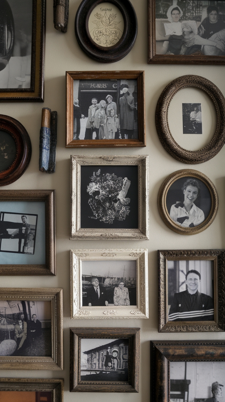 A captivating vintage gallery wall that seamlessly blends rustic charm with timeless elegance. Antique frames of varying shapes and sizes create a dynamic backdrop for nostalgic black-and-white photographs of people and places from bygone eras. Retro art displays and vintage picture arrangements evoke a sense of history and personality, transforming the space into a curated homage to the past. The interplay of rustic textures and refined details offers a warm, inviting atmosphere rich with character and stories waiting to be discovered.