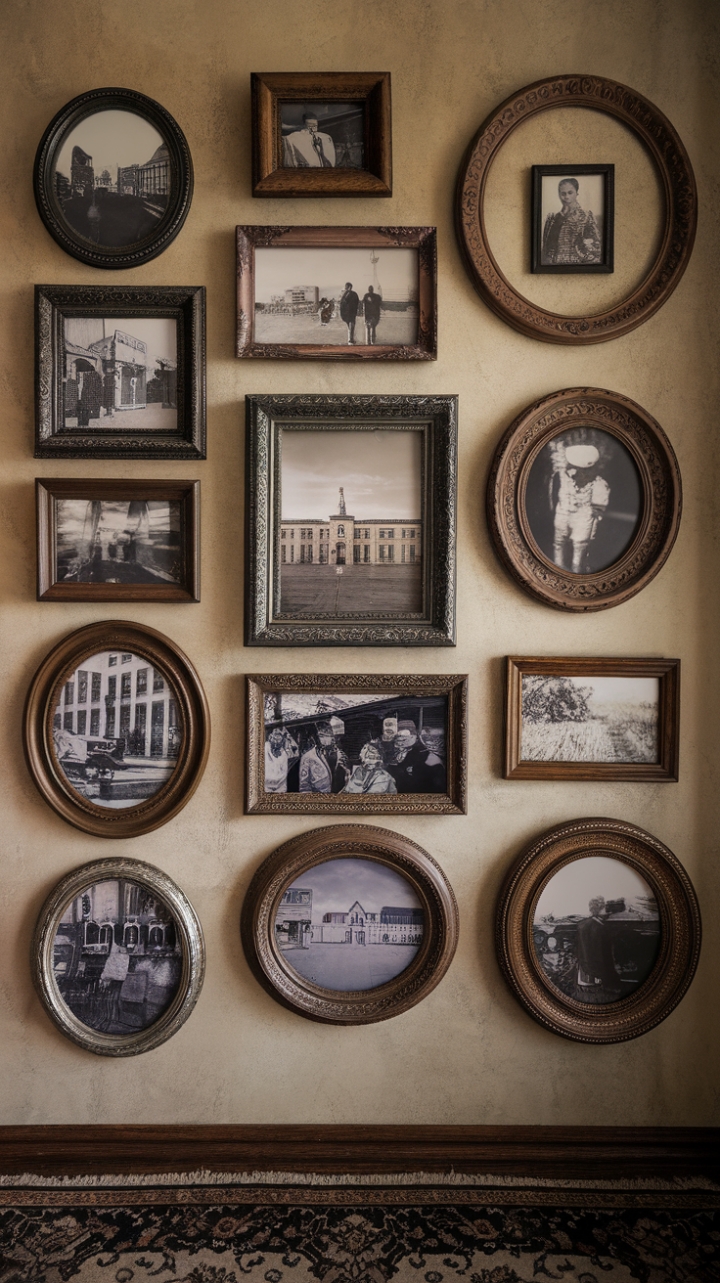 A captivating vintage gallery wall showcases an eclectic mix of antique and retro frames, each with ornate detailing and warm brown tones. The collection of black-and-white photographs—portraits, cityscapes, and landscapes—imbues the space with a nostalgic charm and timeless elegance. The beige wall provides a subtle backdrop that highlights the intricate frame designs, while a patterned rug on the floor adds a cozy, inviting touch. This classic aesthetic invites viewers into a curated world of history and artistry, where every frame tells a story.
