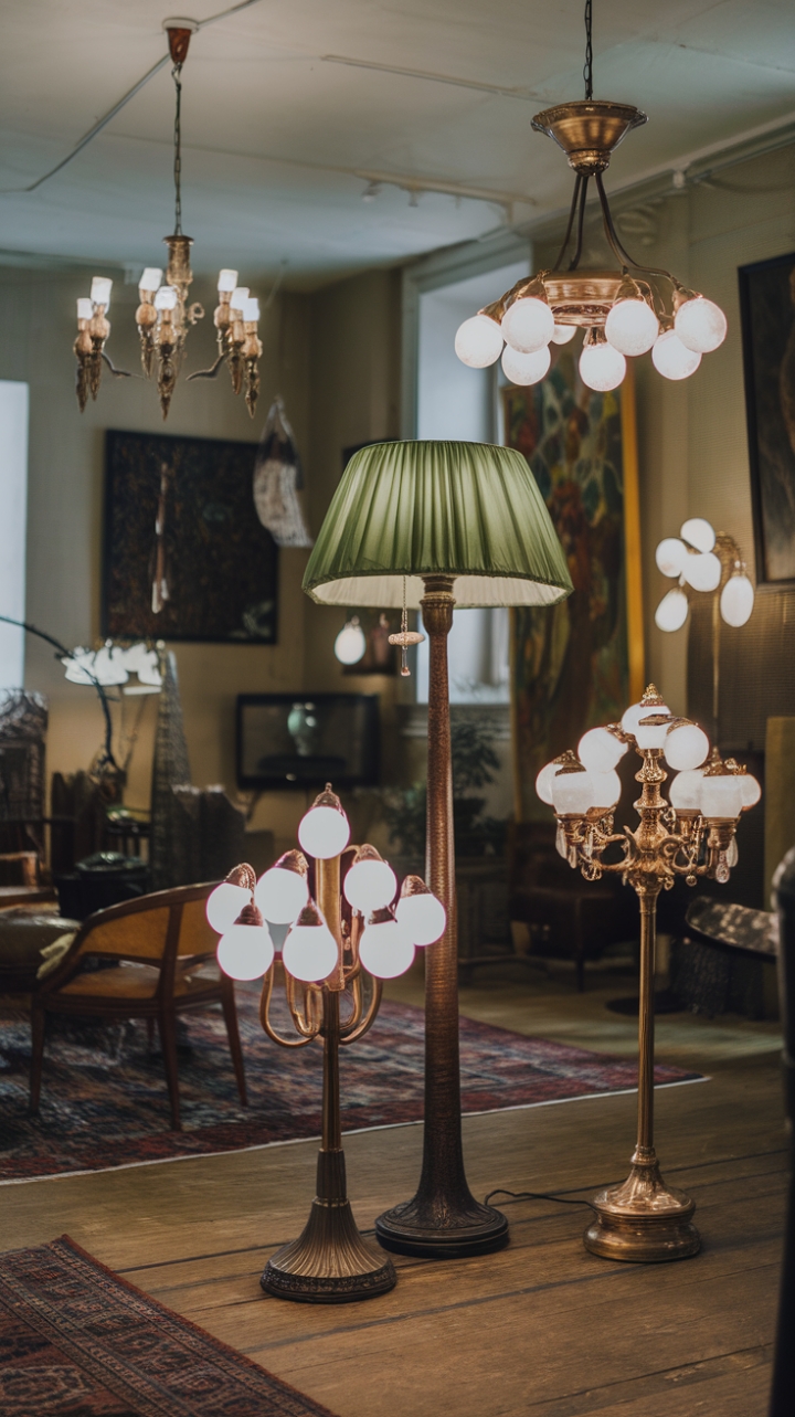 Bathed in the warm embrace of vintage lighting, this room is a symphony of style. A captivating green lampshade shares the spotlight with a dazzling chandelier, their glow illuminating a carefully curated collection of art and furniture, creating an atmosphere of sophisticated comfort.