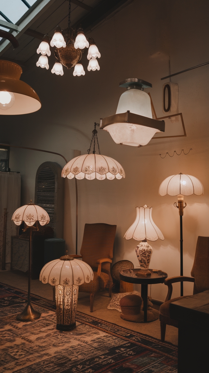 A captivating blend of vintage charm and timeless elegance, this room exudes warmth through its layered lighting. The high ceiling amplifies the space’s grandeur, while a stunning chandelier, a graceful floor lamp, and an eclectic table lamp create a cozy, inviting glow. Each fixture, with its unique shape and antique materials, adds character and depth to the retro-inspired decor. A richly patterned rug, a classic wooden chair, and carefully curated decorative objects complete this harmonious sanctuary, where soft, warm light invites relaxation and nostalgic allure.