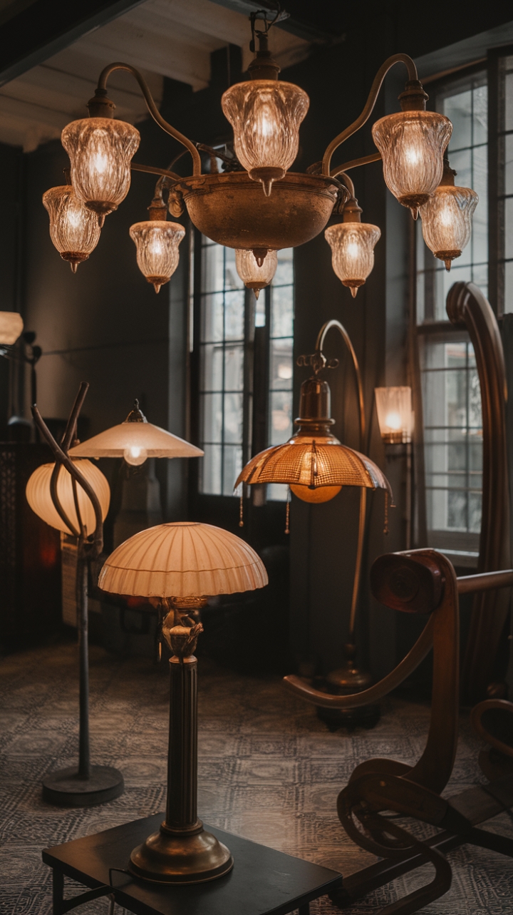 Step into a world of captivating vintage charm, where a magnificent antique lighting fixture takes center stage, its multiple arms adorned with intricately designed glass shades casting a warm, nostalgic glow. Companion pieces—a retro brass lamp and a curvaceous wooden number—add to the eclectic mix, perfectly complementing the dark walls and patterned floor. This isn't just a room; it's a time capsule of elegance.